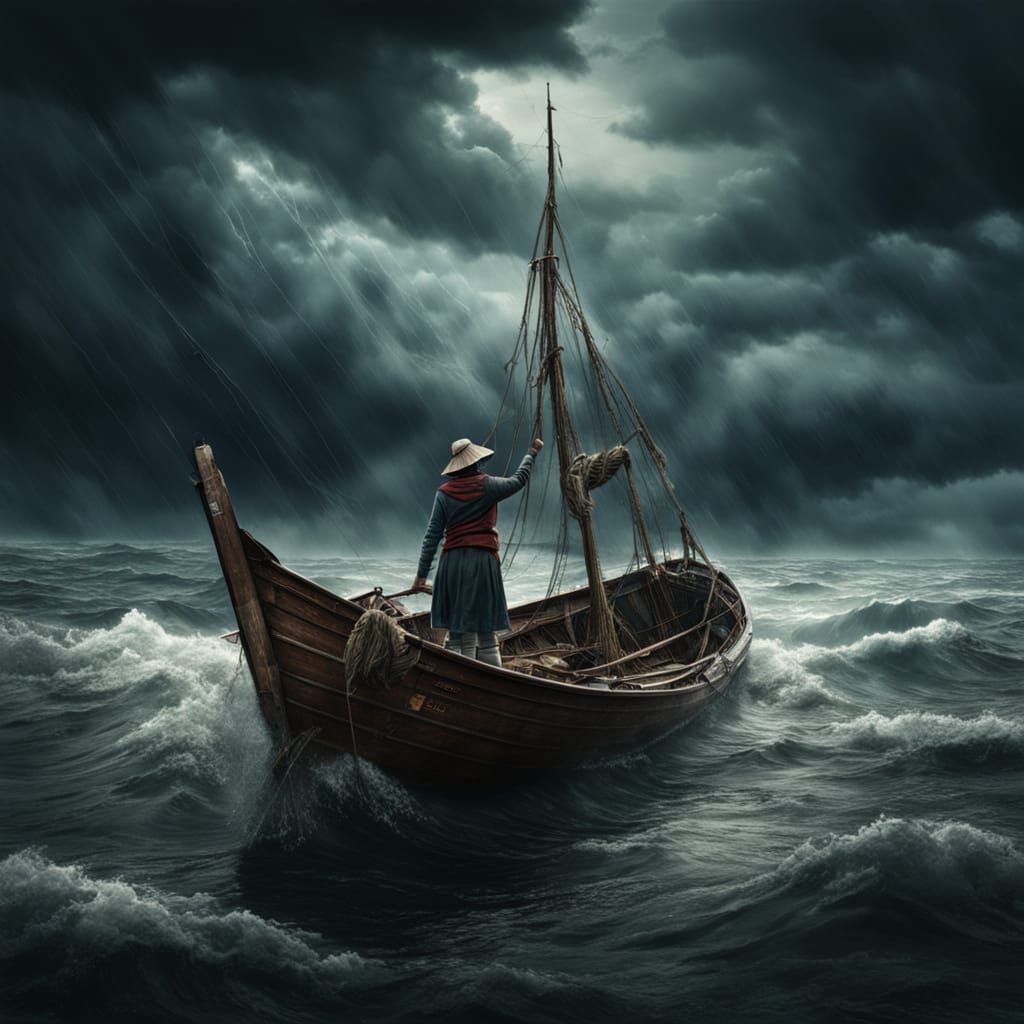 Fisherwoman Races Storm: Dramatic Digital Matte Painting