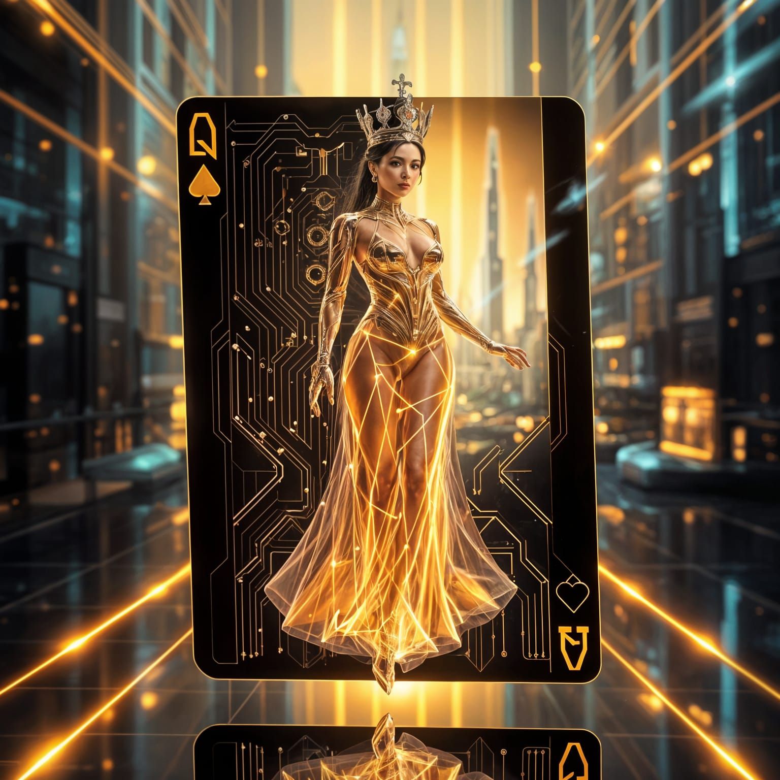 Cyber-Futurist Queen of Spades Emerges from Holographic Card