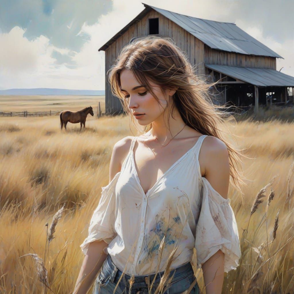 Ethereal Prairie Barn Silhouetted by Wild Horses in Sunset