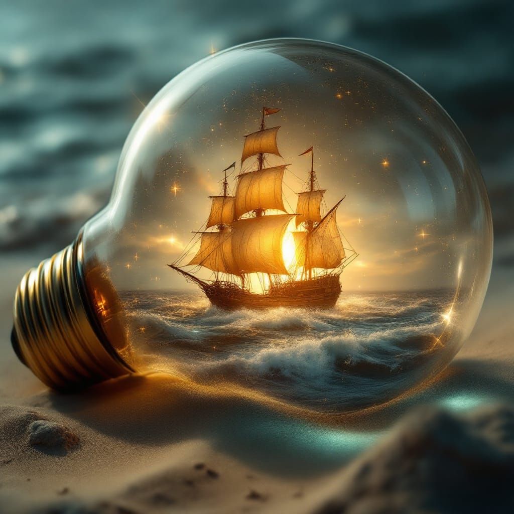 Giant Light Bulb Contains Majestic Ship on Turbulent Sea