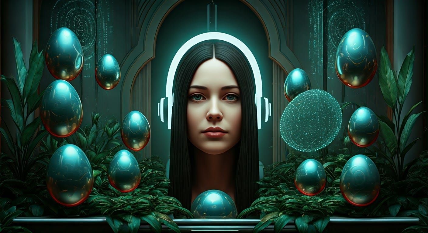 Futuristic Botanical Garden Portrait with Floating Easter Eg...