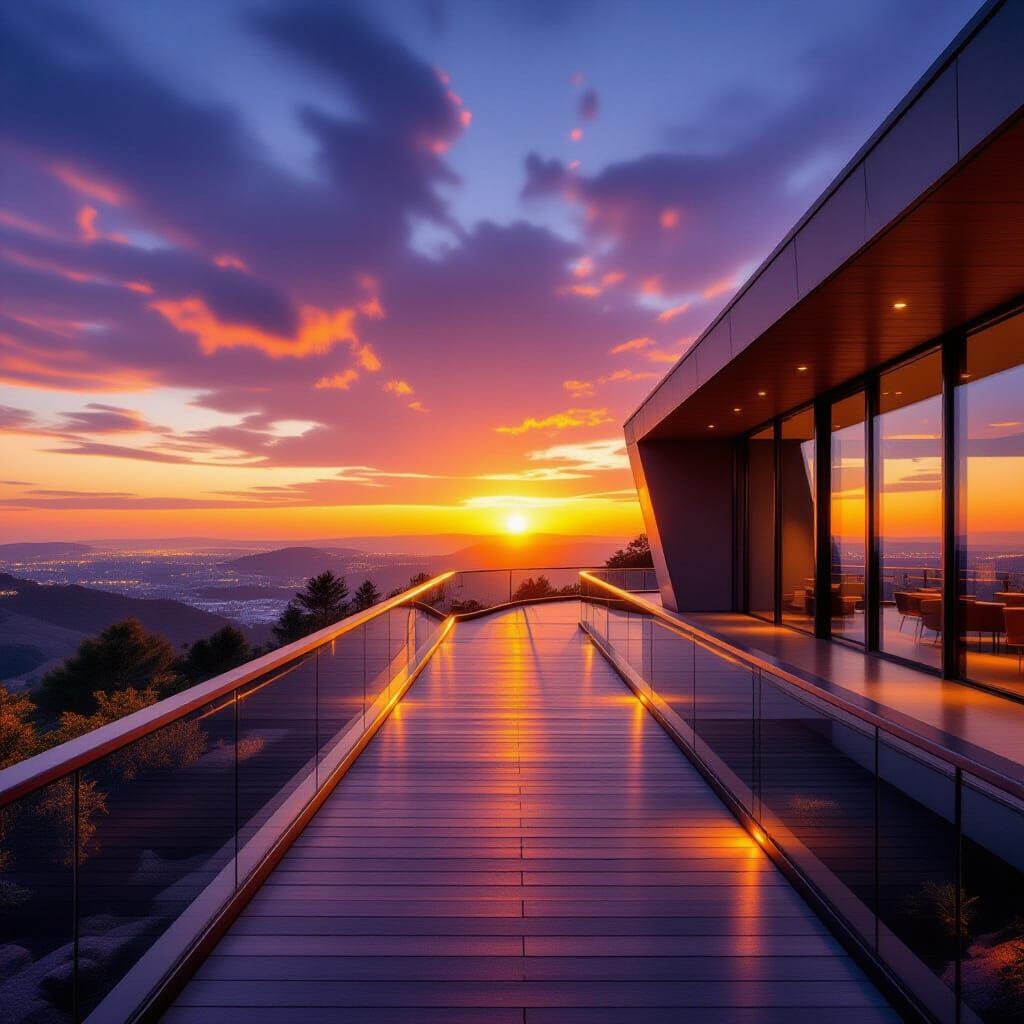 Modern Building with Wooden Walkway at Sunset