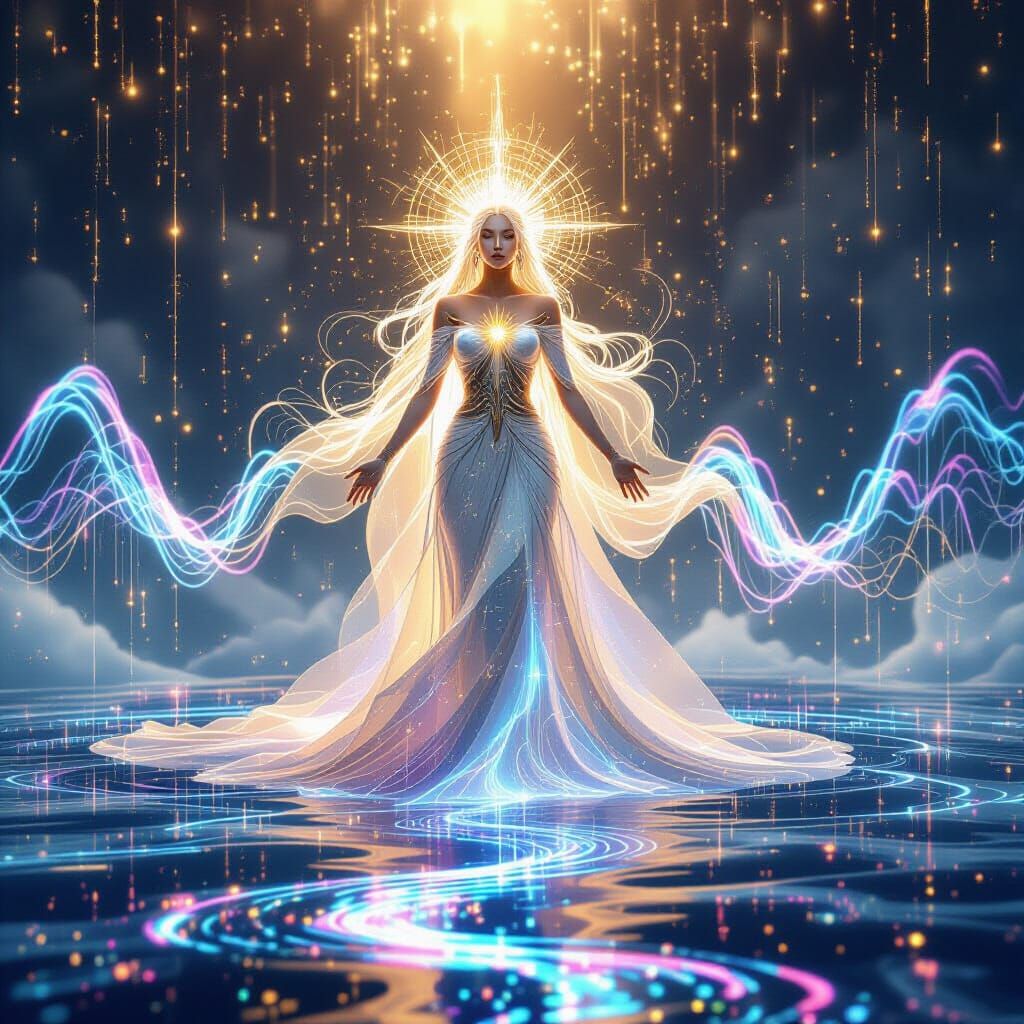 Ethereal Goddess Energy in Cyberpunk Temple