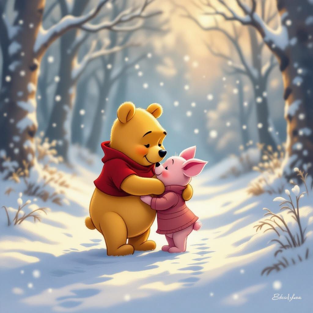 Winnie the Pooh and Piglet in Snowy Forest
