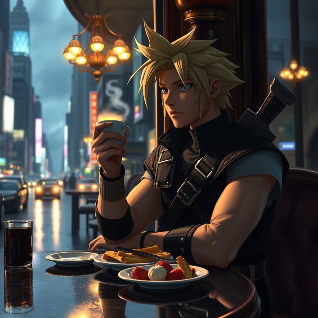 Cloud Strife in NYC Cafe, Epic Digital Art