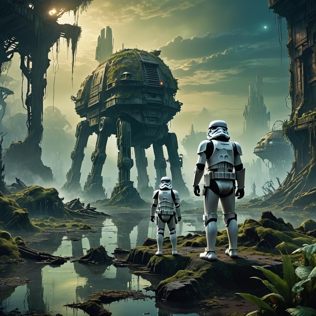 Stormtrooper Amidst Ruined Jedi Structures: Fantasy Illustra...