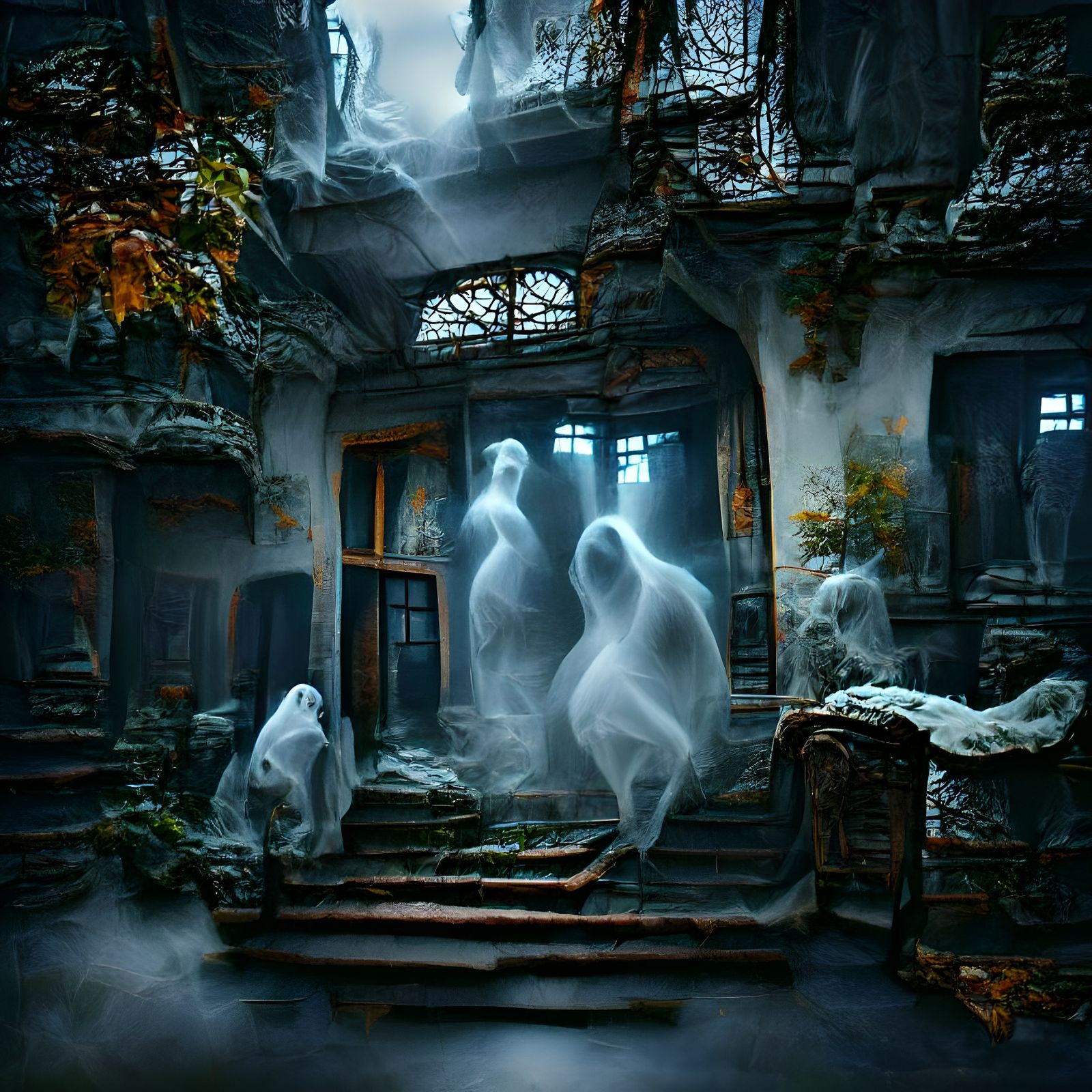Eerie Ghosts in Fog: Sinister Horror Scene
