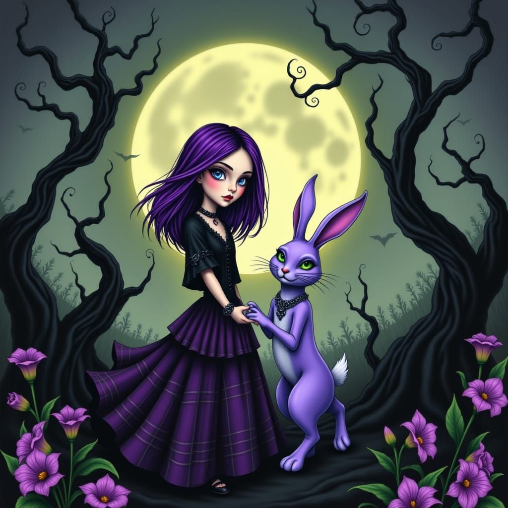 Gothic Girl Meets Whimsical Rabbit in a Dreamlike Moonlit Ga...