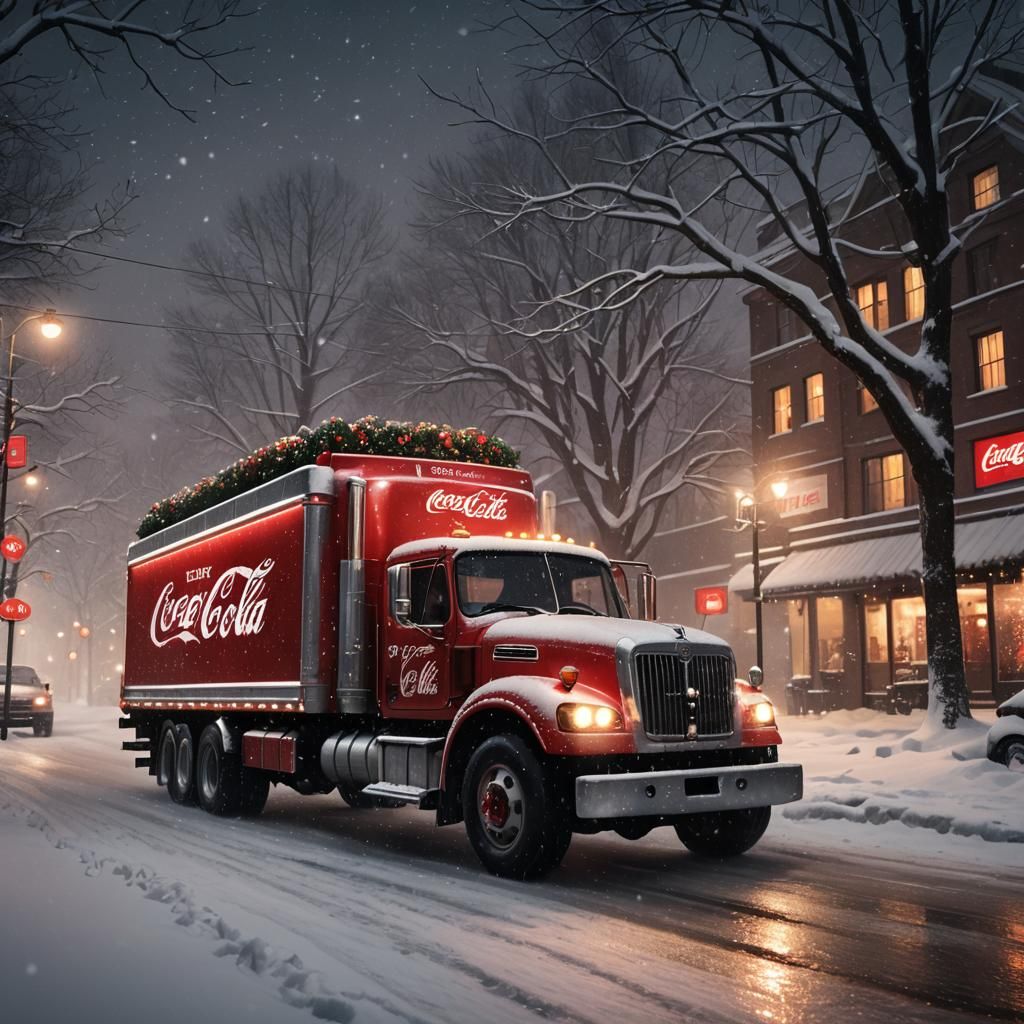 Cinematic Coca-Cola Christmas Truck in a Snowy Night Scene