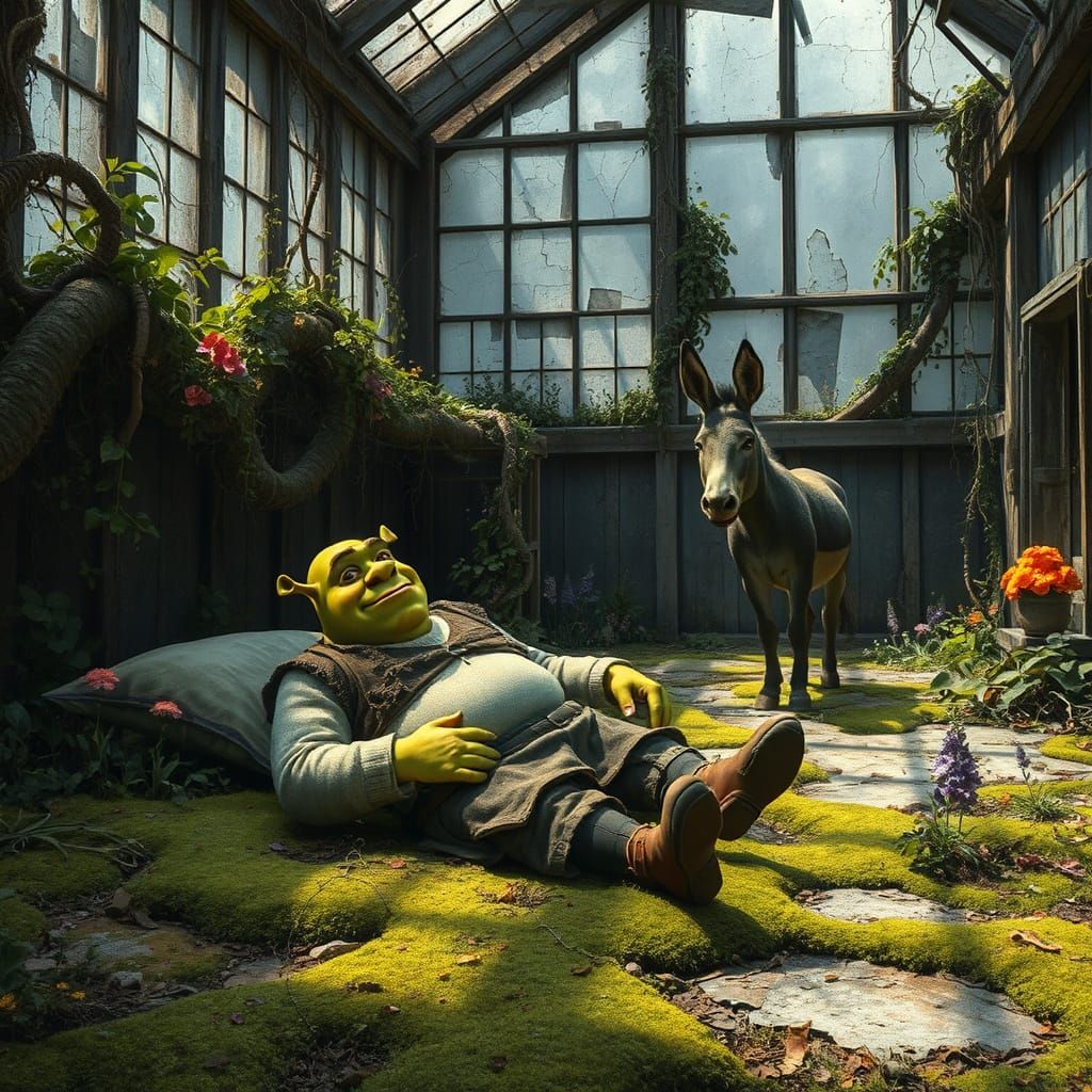 Shrek in Ruined Greenhouse with Donkey