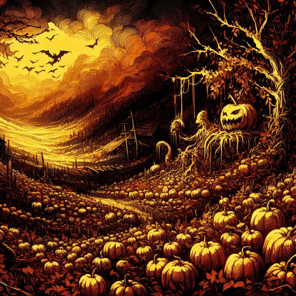 Eerie Autumn Landscape with Monster Silhouette, Pen and Ink ...