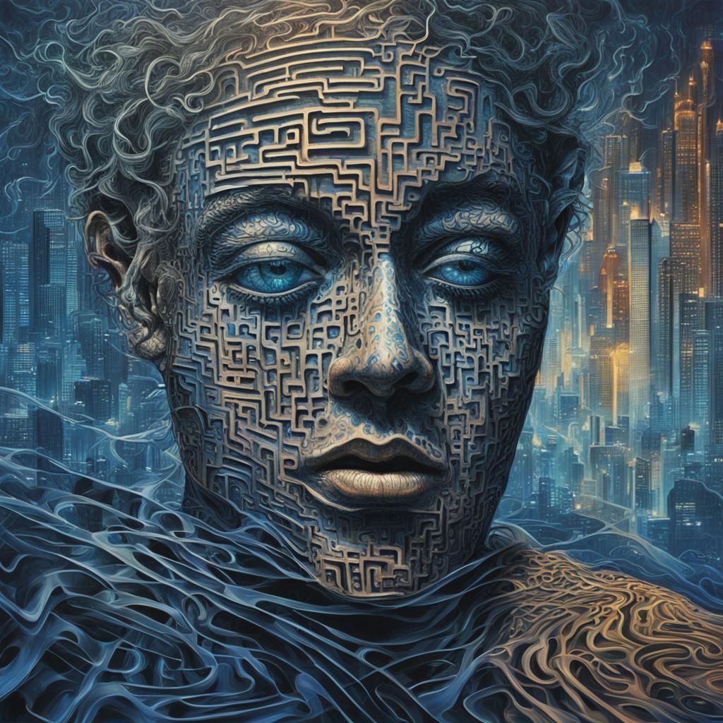 Distorted Face in Cityscape Reflections: Dark Surrealism