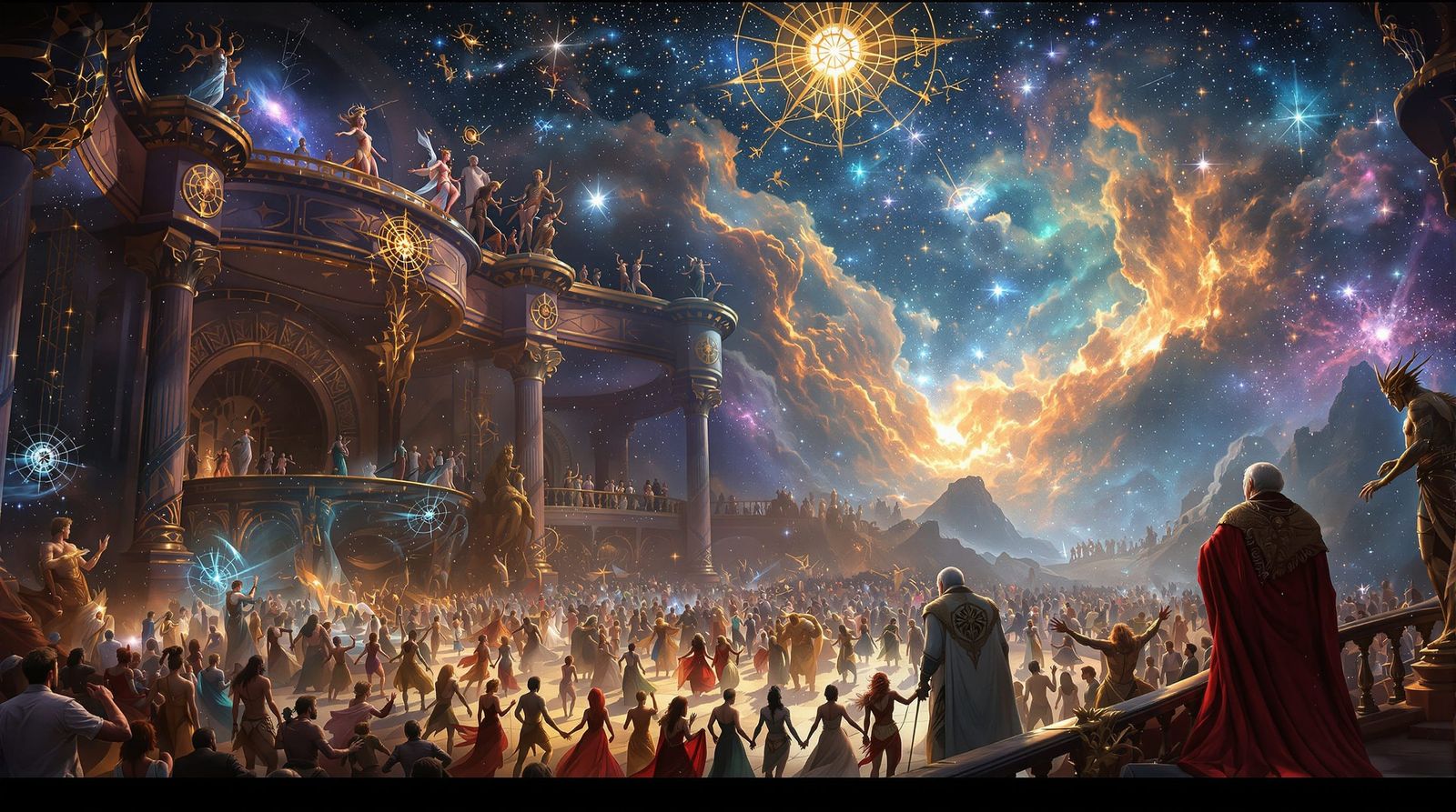 Celestial Ballroom with Mythical Figures in Epic Style