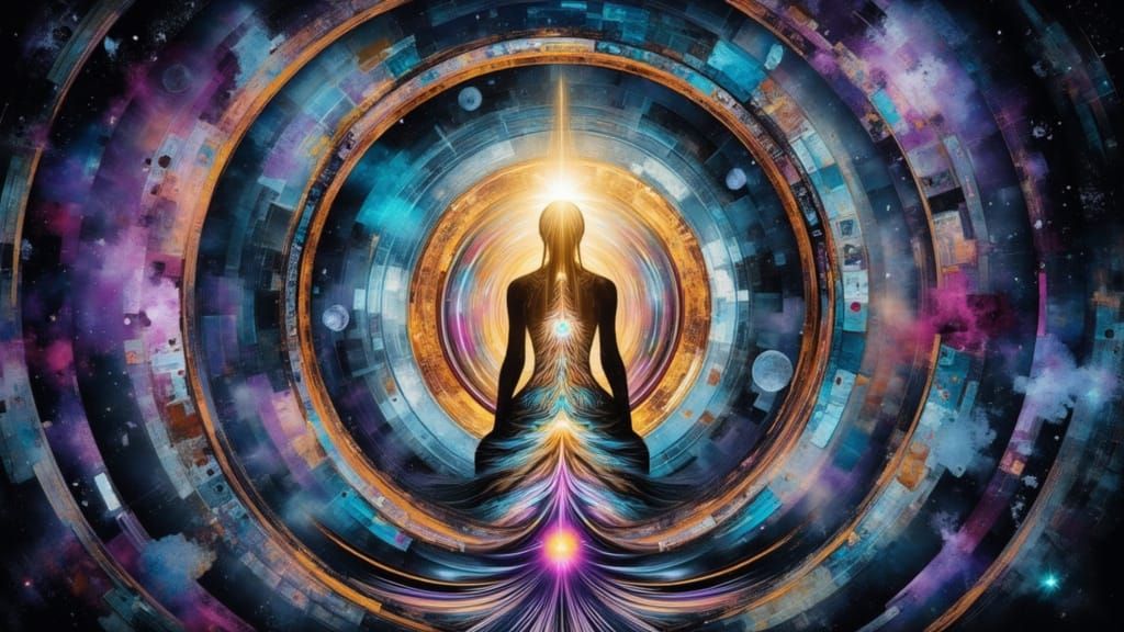 Cosmic Figure Radiating Sacred Geometry in Mixed Media