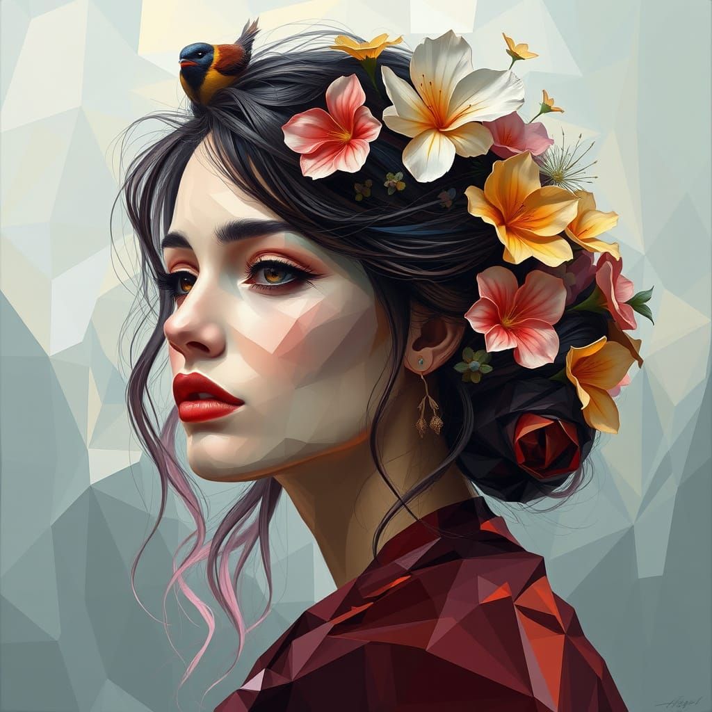 Woman With Flowers in Hair, Rendered in Deep Colors