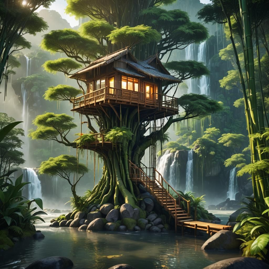Small Treehouse by Waterfalls in Bamboo Forest