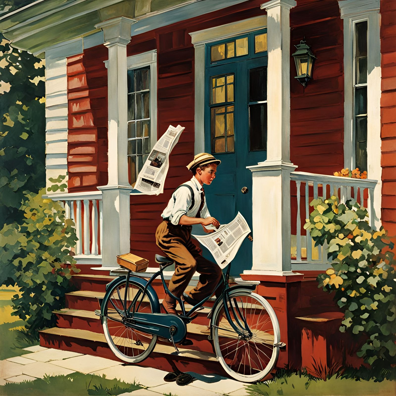 Paperboy on Bicycle in Rockwell Style