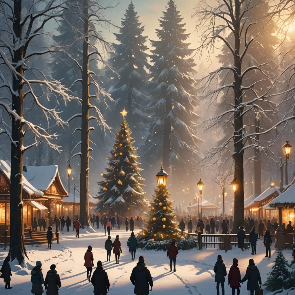 Winter Christmas Scene in a Park: Fantasy Concept Art