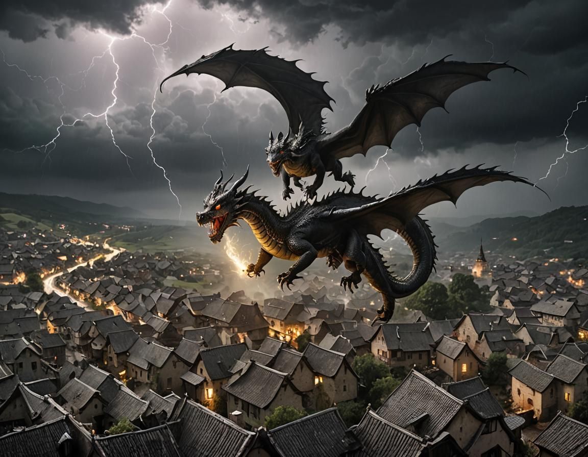 Dragon Flying Over Stormy Village