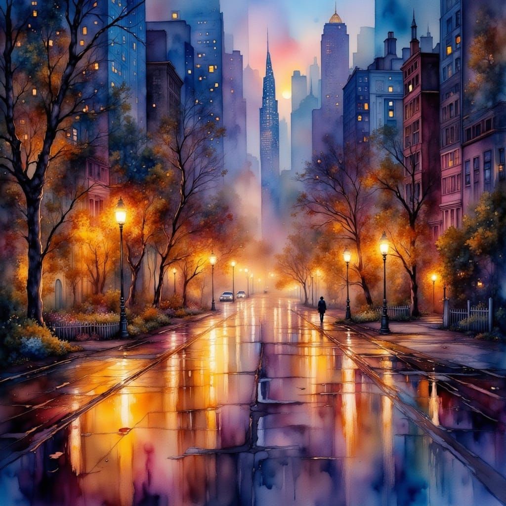 Dreamy Twilight Cityscape in Impressionistic Style