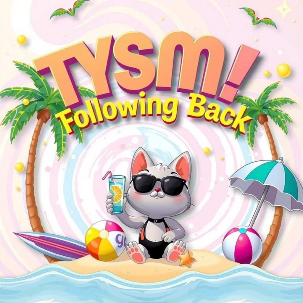 Vibrant and playful raised text that says "TYSM Following Back" set against a subtly textured backdrop in a whimsical, m...