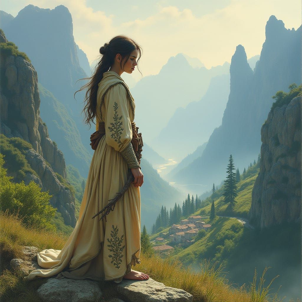 Ethereal Village Maiden Connects with Nature's Mystique