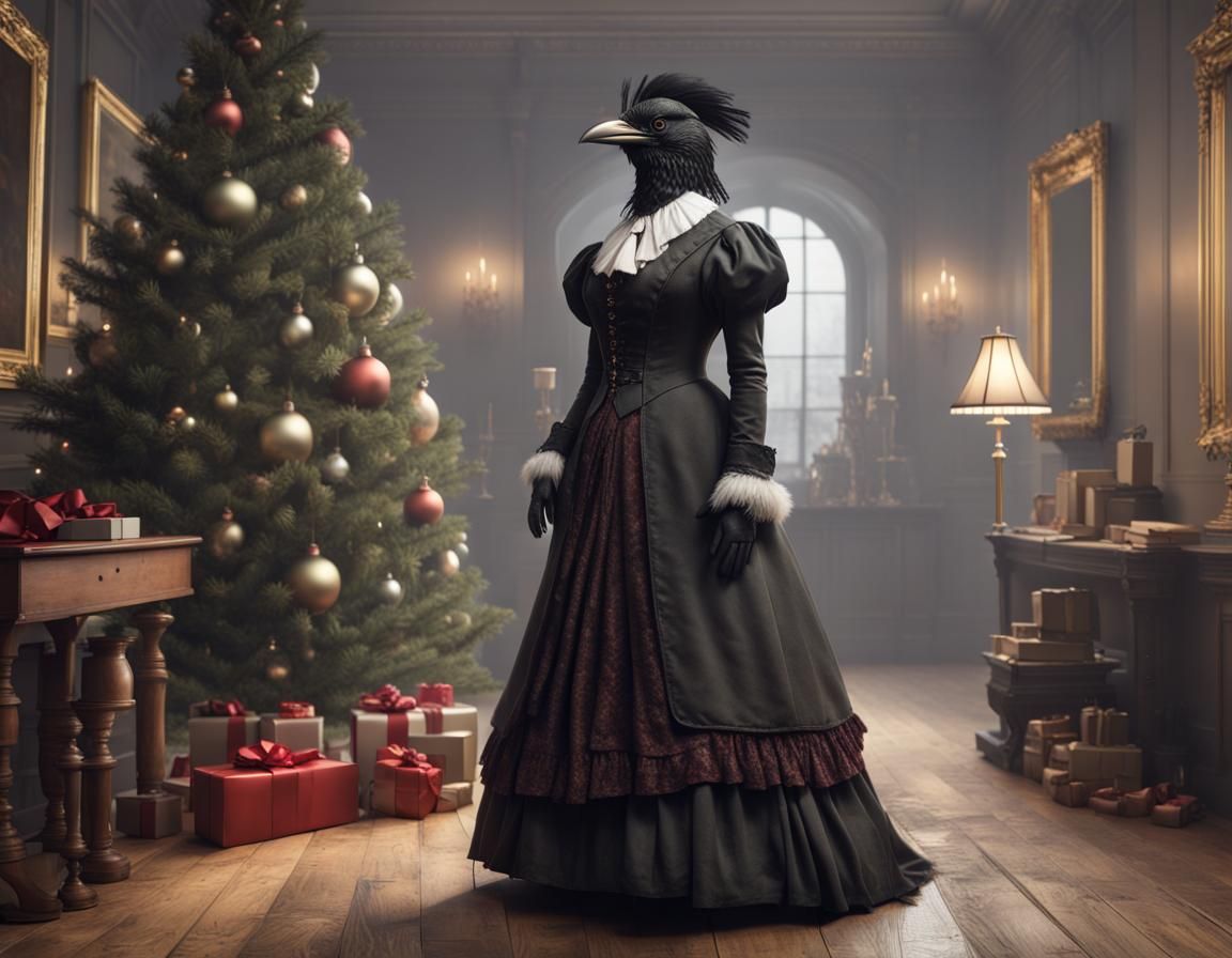 Victorian Crow Lady by Christmas Tree