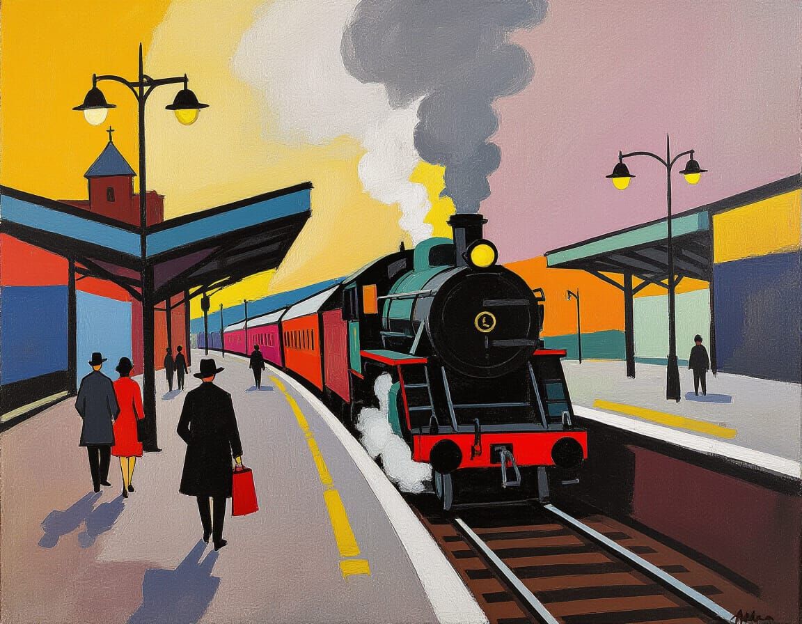 Abstract Impressionist Train Station Platform Scene