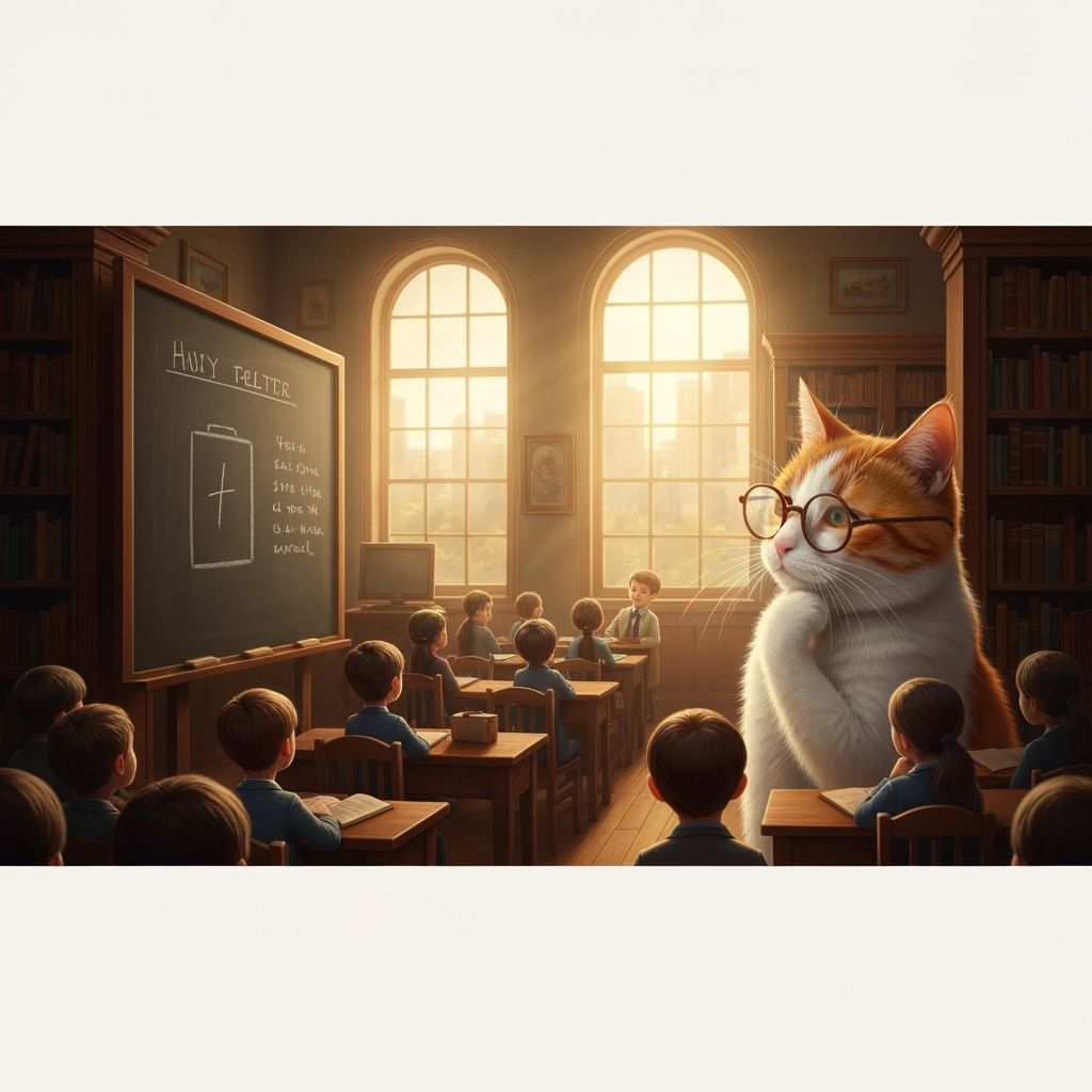 Cat Professor Teaching Mice in Classic Illustration Style