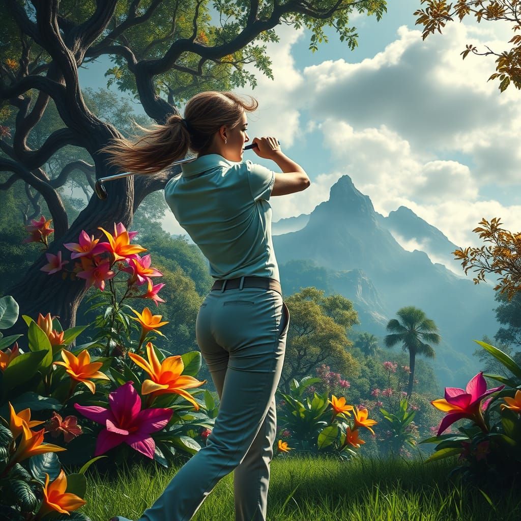 Hyperrealistic Jungle Golf Scene in Vibrant Colors