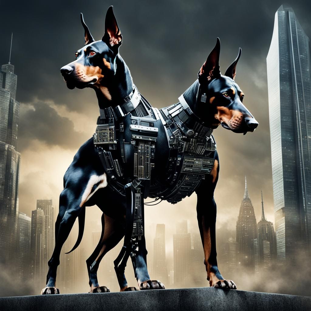 Cybernetic Doberman Double Exposure in Cyberpunk Style