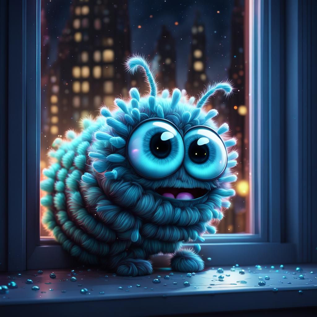 Crying Fluffy Caterpillar Cartoon in Neon CGI