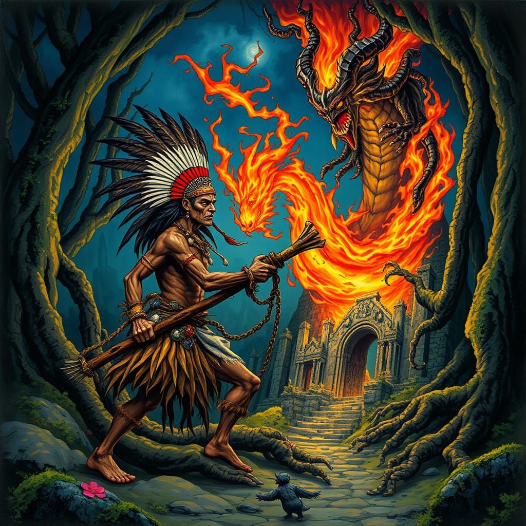 Fierce Engkanto Confronts Blazing Efreet in Primitivist Art