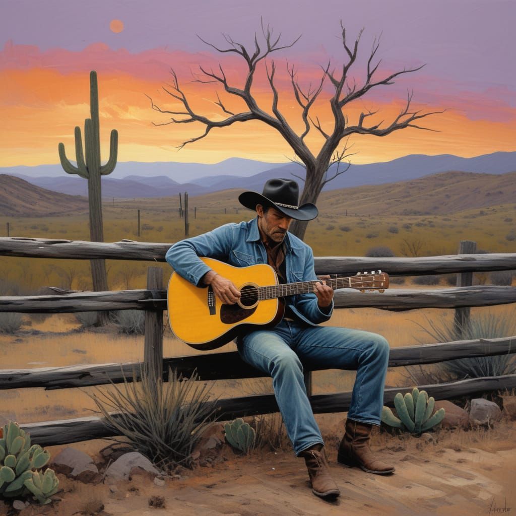 Cowboy Musician at Sunset, Charcoal Pastel Style