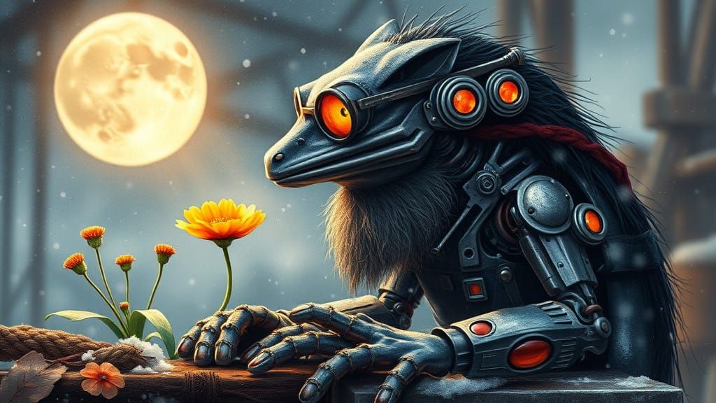 Surreal Wolf Robot Dada Artwork in Wet-on-Wet Watercolor