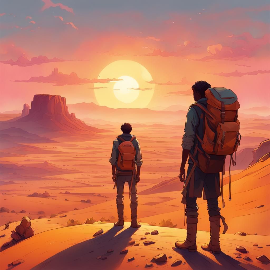 Travelers at Desert Edge: Vibrant Digital Art