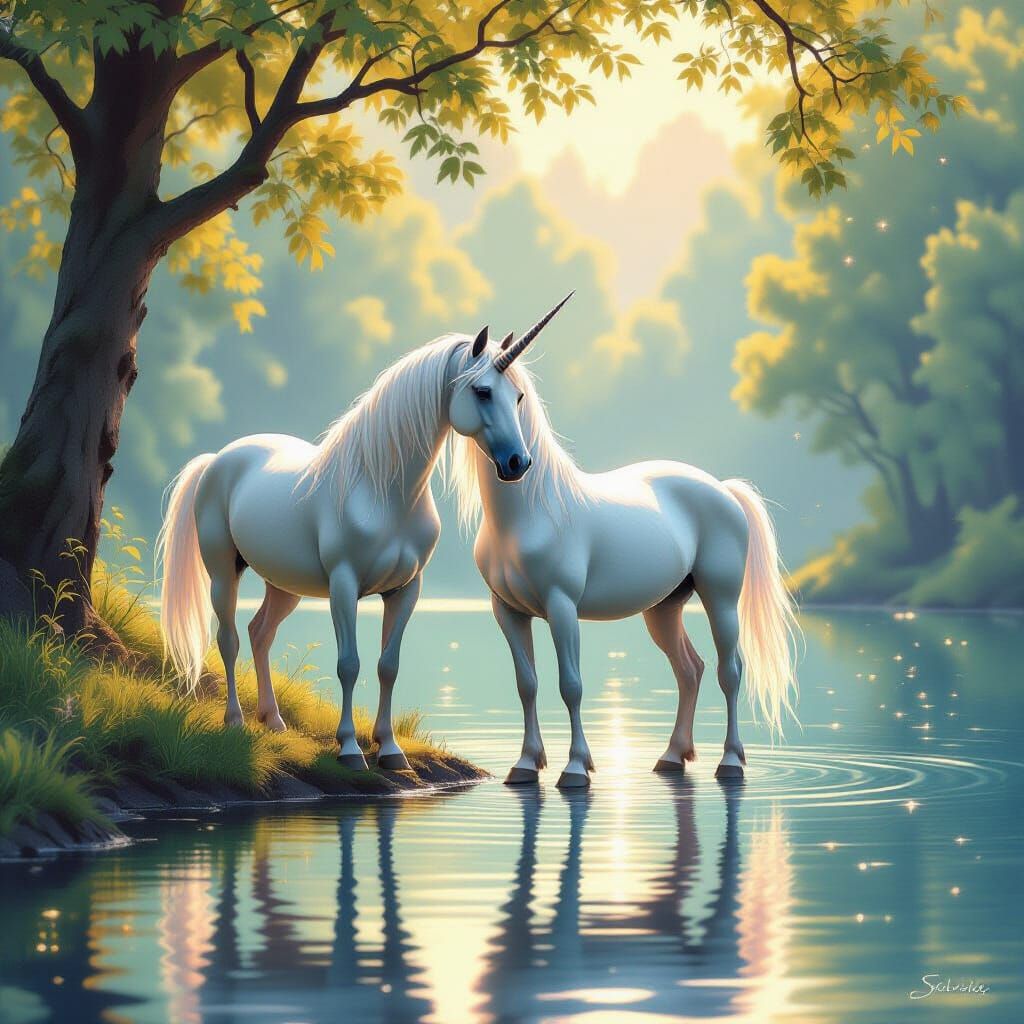 Ethereal Unicorn Gazing at Reflection in Calm Lake