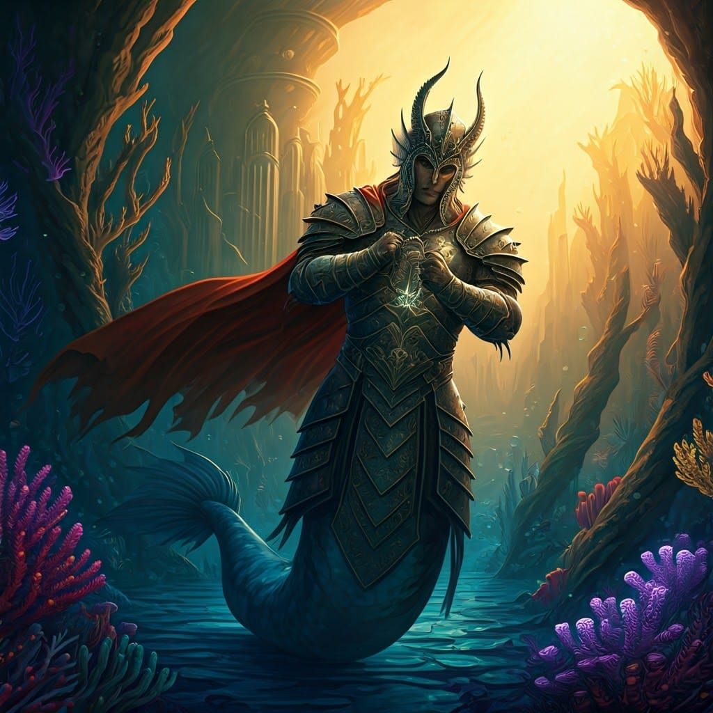 Mythical Mer-man Warrior Mounts Kraken Steed in Atlantis Pal...