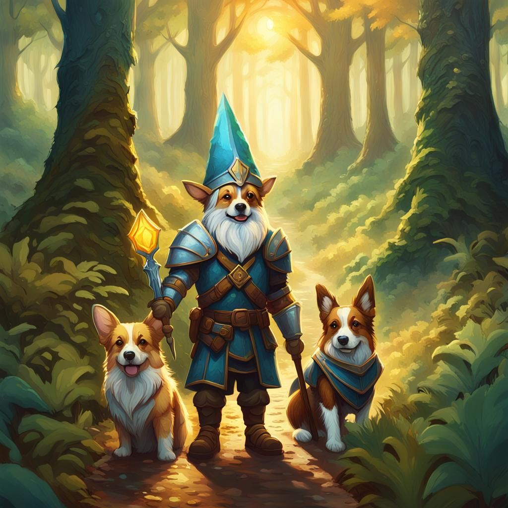 Gnome, Corgi, and Knight on Forest Path