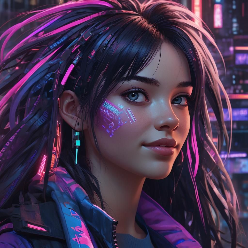 Eurasian Woman Cyberpunk Portrait in Neon Style