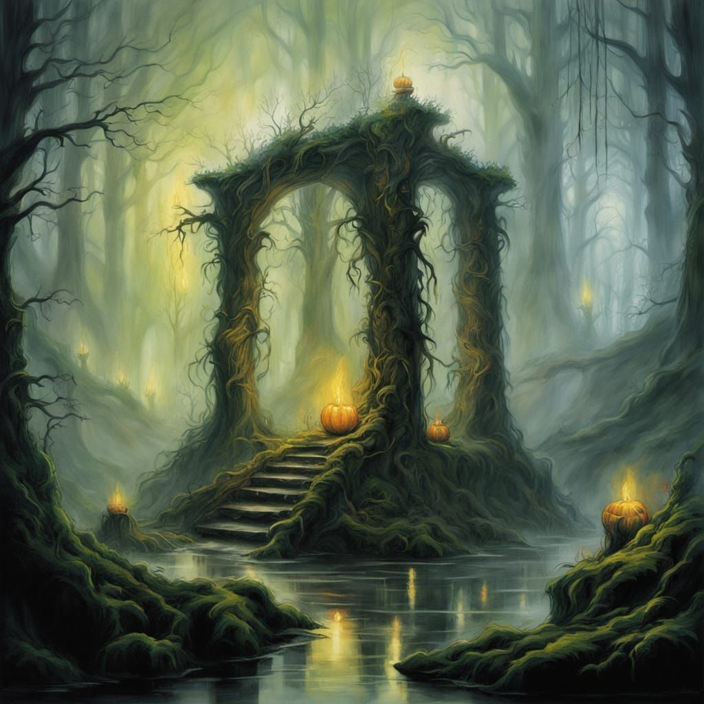 Mystical Glowing Pumpkins on Altar in Enchanted Forest