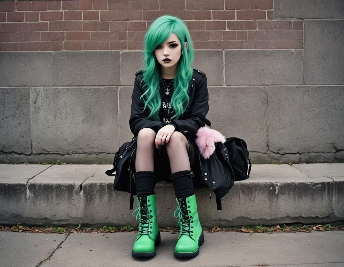 Pastel Goth Girl with Green Hair, Professional Photo