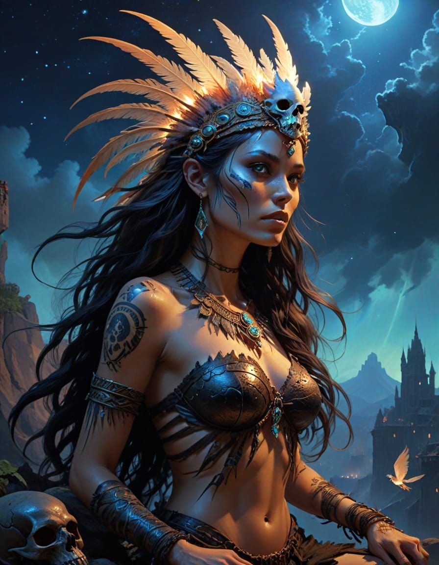 Cave Woman Riding Pterodactyl in Midnight Sky