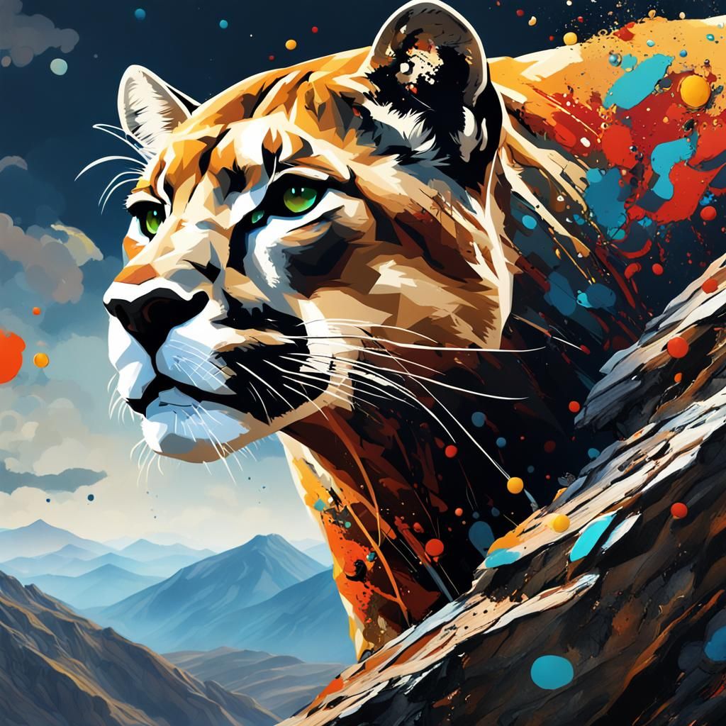 Mountain Lion on Ledge in Pollock-Inspired Style