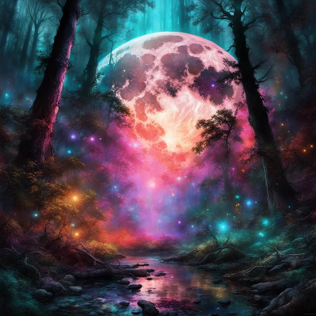 Bioluminescent Moon with Kaleidoscopic Stars, Fantasy Art