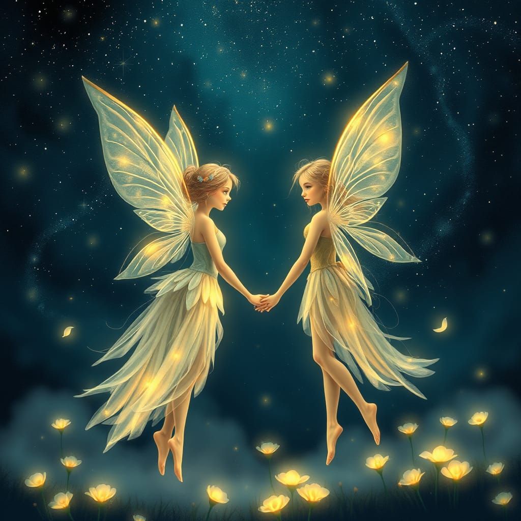 Ethereal Fairies Under Starry Night Sky in Dreamlike Romance