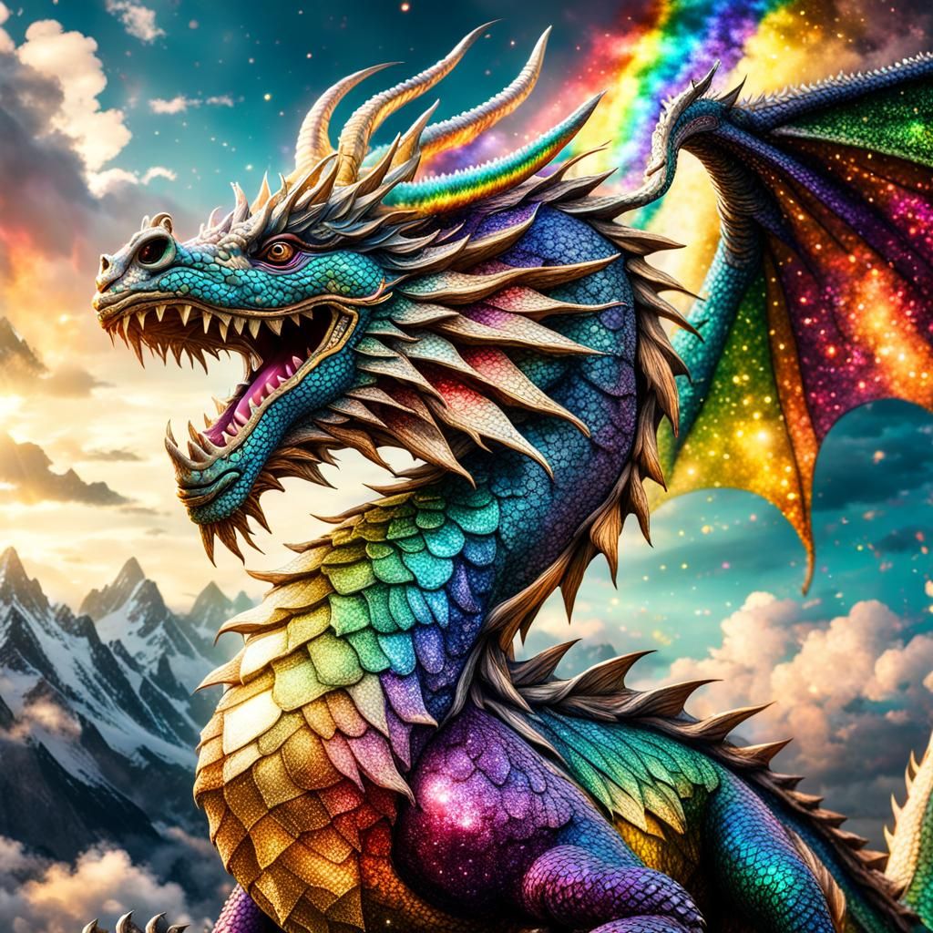 Rainbow glitter dragon in the sky, intricate details, HDR, beautifully shot, hyperrealistic, sharp focus, 64 megapixels,...