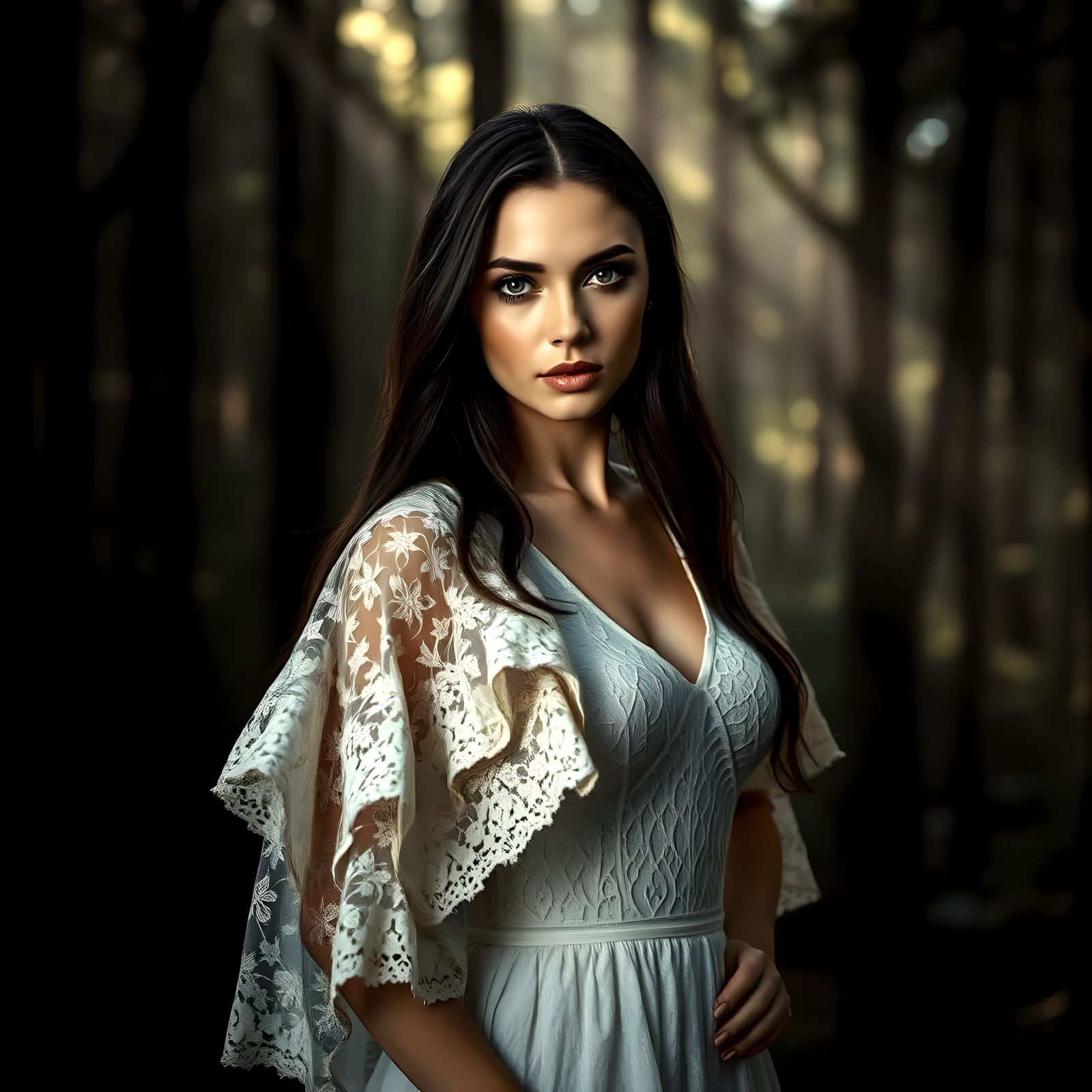 Strong Woman in Forest, Elegant Cape and Lacy Dress
