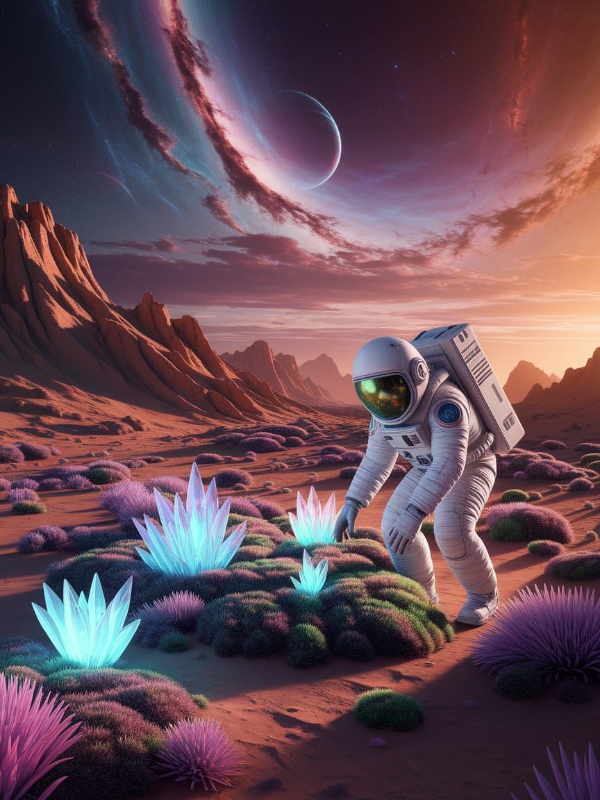 Astronaut Tends Alien Garden Under Swirling Nebulae