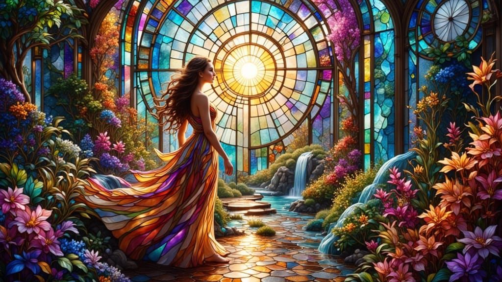 Mystical Woman in Stained Glass Garden